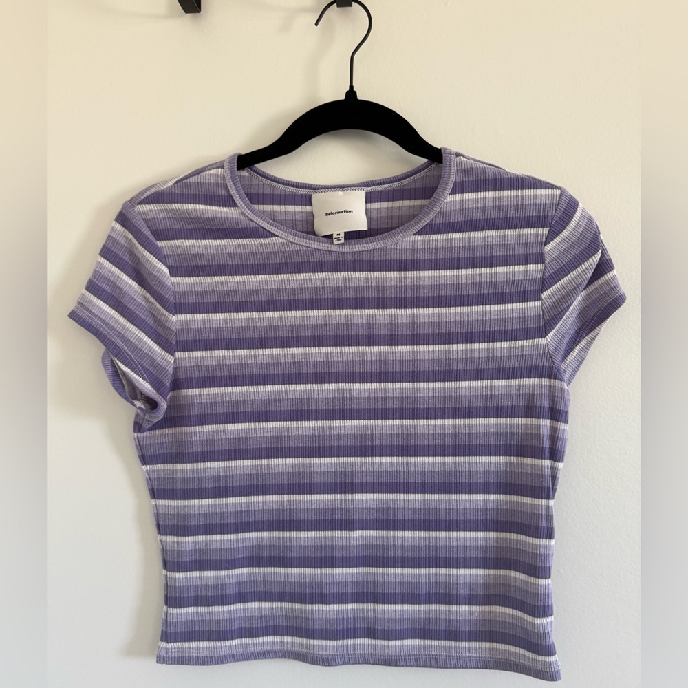 Reformation Lavender & White Striped Ribbed Short Sleeve Tee
